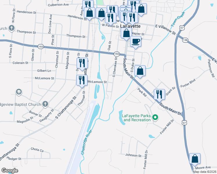 map of restaurants, bars, coffee shops, grocery stores, and more near 611 Meadow Street in LaFayette