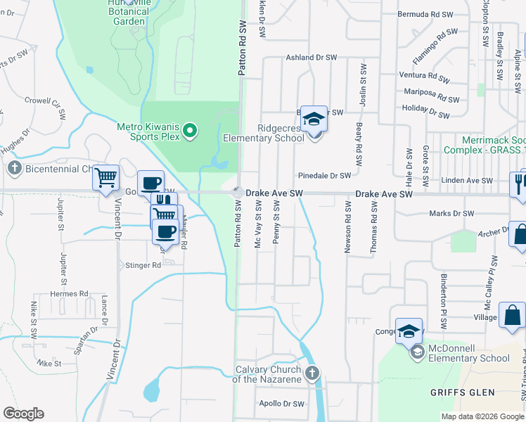 map of restaurants, bars, coffee shops, grocery stores, and more near 3807 Mc Vay Street Southwest in Huntsville
