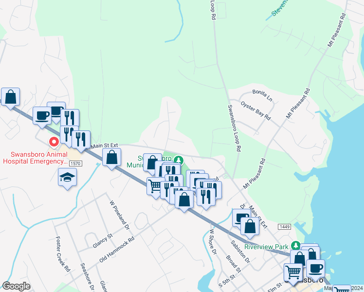 map of restaurants, bars, coffee shops, grocery stores, and more near 208 Ashley Nicole Court in Swansboro