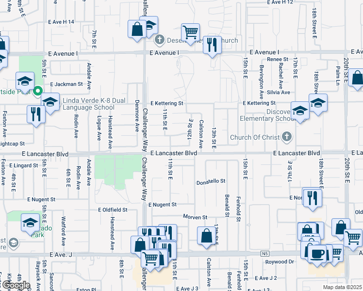 map of restaurants, bars, coffee shops, grocery stores, and more near 44834 11th Street East in Lancaster