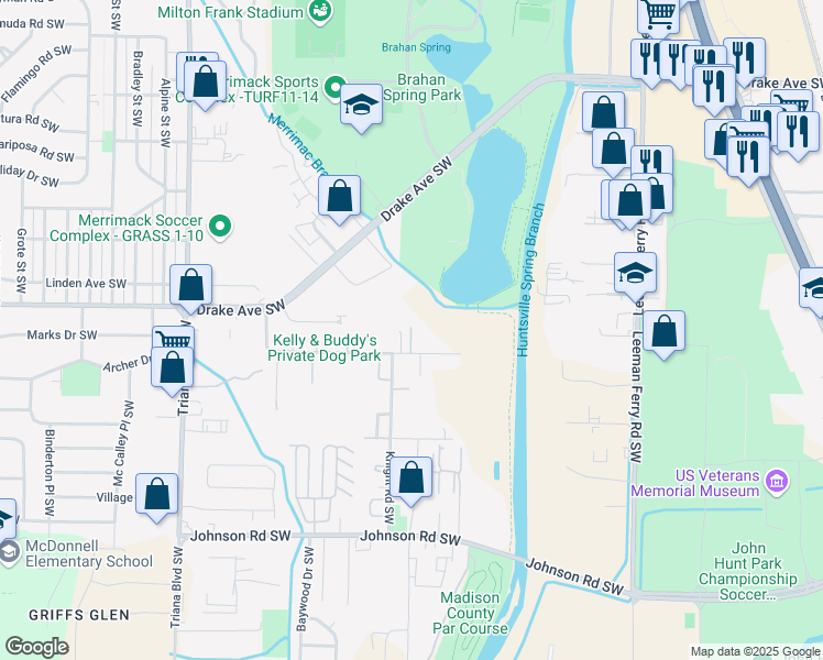 map of restaurants, bars, coffee shops, grocery stores, and more near 3900 Beacon Circle Southwest in Huntsville