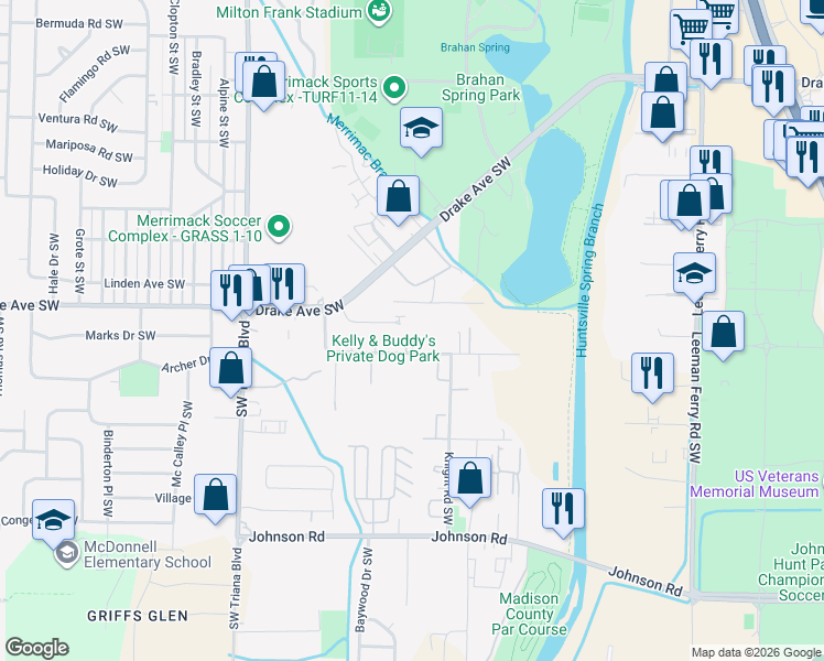 map of restaurants, bars, coffee shops, grocery stores, and more near 3817 Westwind Circle Southwest in Huntsville