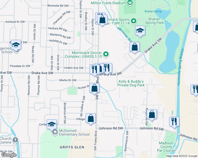 map of restaurants, bars, coffee shops, grocery stores, and more near 3205 Drake Avenue Southwest in Huntsville