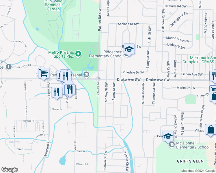 map of restaurants, bars, coffee shops, grocery stores, and more near 4009 Drake Avenue Southwest in Huntsville