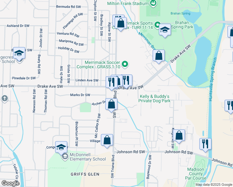 map of restaurants, bars, coffee shops, grocery stores, and more near 3205 Drake Avenue Southwest in Huntsville
