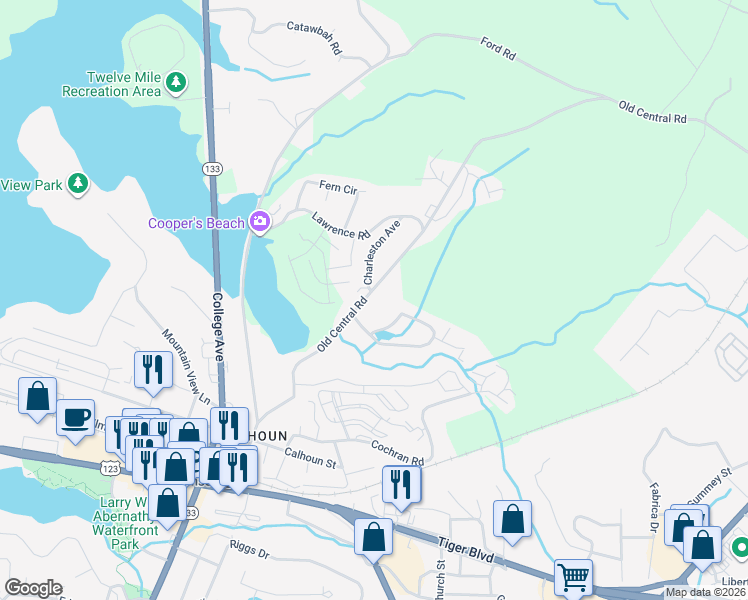 map of restaurants, bars, coffee shops, grocery stores, and more near 201 Charleston Avenue in Clemson