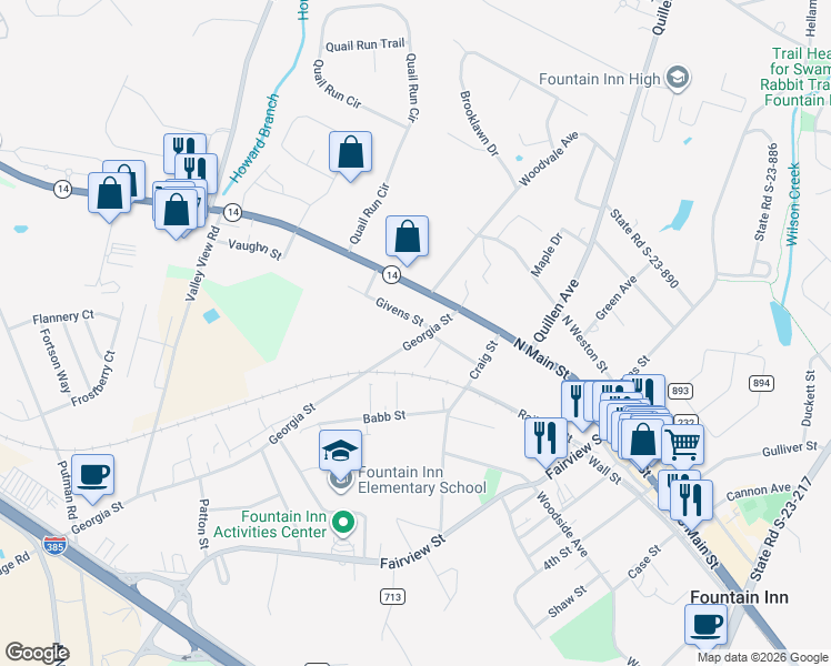 map of restaurants, bars, coffee shops, grocery stores, and more near 104 Georgia Street in Fountain Inn
