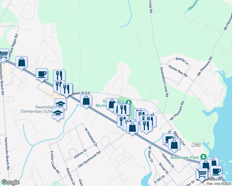map of restaurants, bars, coffee shops, grocery stores, and more near 903 Main Street Ext in Swansboro