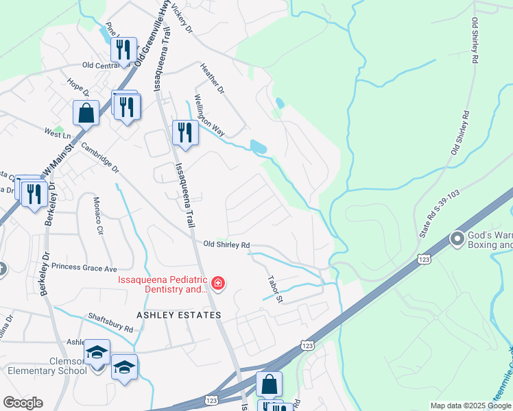 map of restaurants, bars, coffee shops, grocery stores, and more near 203 Smoke Rise Drive in Central