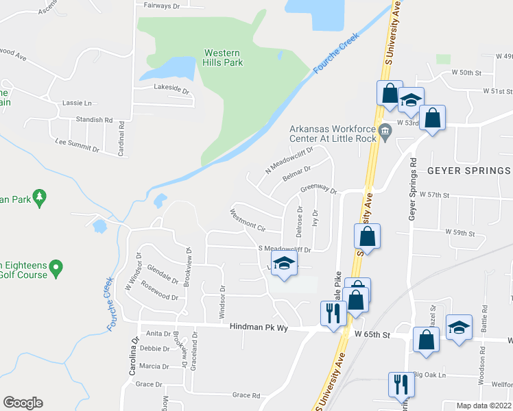 map of restaurants, bars, coffee shops, grocery stores, and more near 14 Westmont Circle in Little Rock