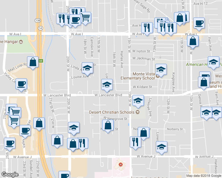 map of restaurants, bars, coffee shops, grocery stores, and more near 44822 Lorimer Avenue in Lancaster