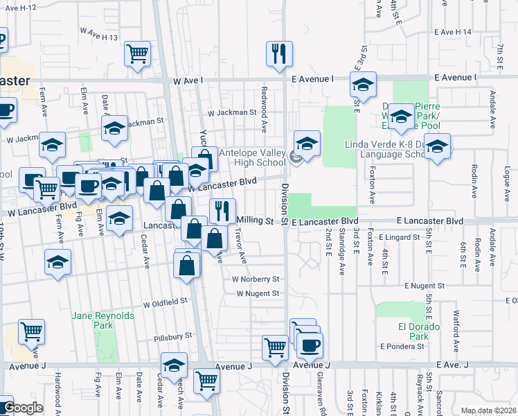 map of restaurants, bars, coffee shops, grocery stores, and more near 44817 Redwood Avenue in Lancaster