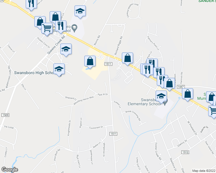 map of restaurants, bars, coffee shops, grocery stores, and more near 206 Spoonbill Court in Swansboro