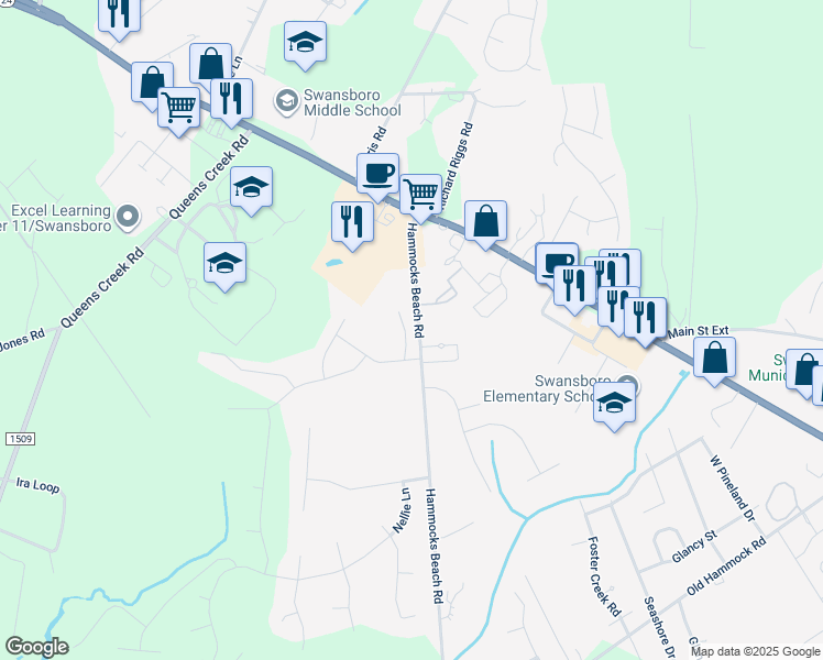 map of restaurants, bars, coffee shops, grocery stores, and more near 206 Spoonbill Court in Swansboro