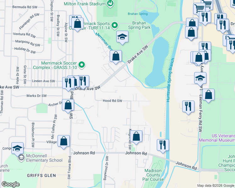 map of restaurants, bars, coffee shops, grocery stores, and more near 3813 Westwind Circle Southwest in Huntsville