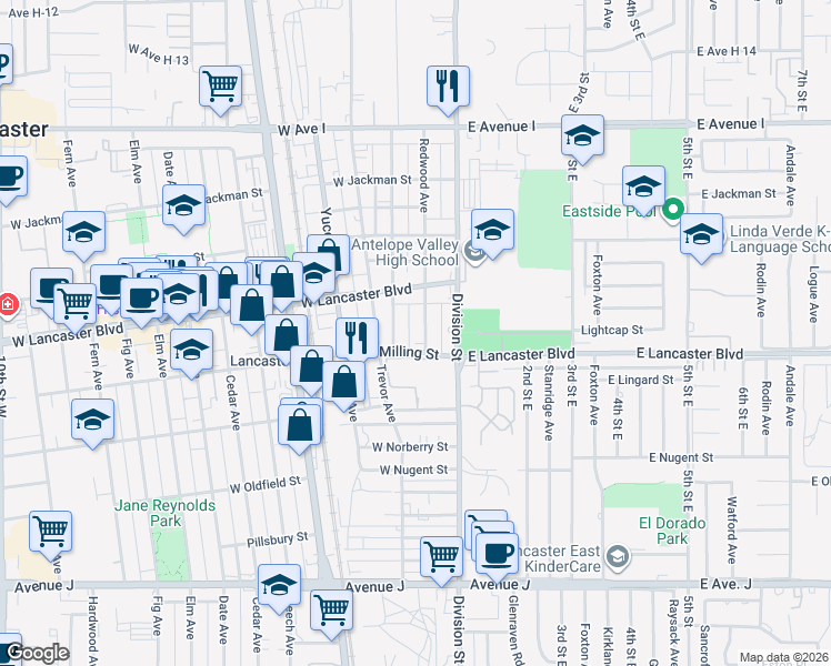 map of restaurants, bars, coffee shops, grocery stores, and more near 44817 Redwood Avenue in Lancaster