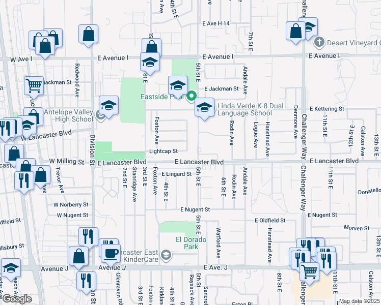 map of restaurants, bars, coffee shops, grocery stores, and more near 44826 Raysack Avenue in Lancaster