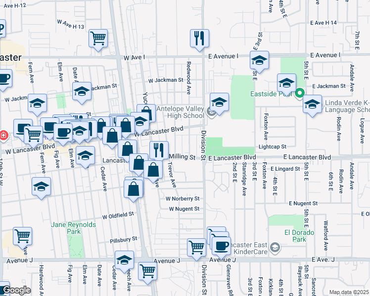 map of restaurants, bars, coffee shops, grocery stores, and more near 44838 Spearman Avenue in Lancaster