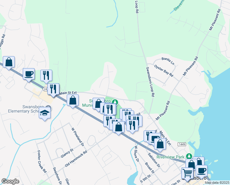 map of restaurants, bars, coffee shops, grocery stores, and more near 206 Ashley Nicole Court in Swansboro