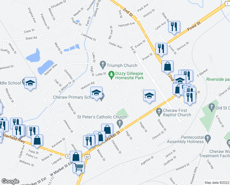 map of restaurants, bars, coffee shops, grocery stores, and more near 100 Brasington Terrace in Cheraw