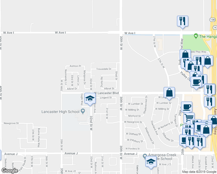 map of restaurants, bars, coffee shops, grocery stores, and more near 3051 Albret Street in Lancaster