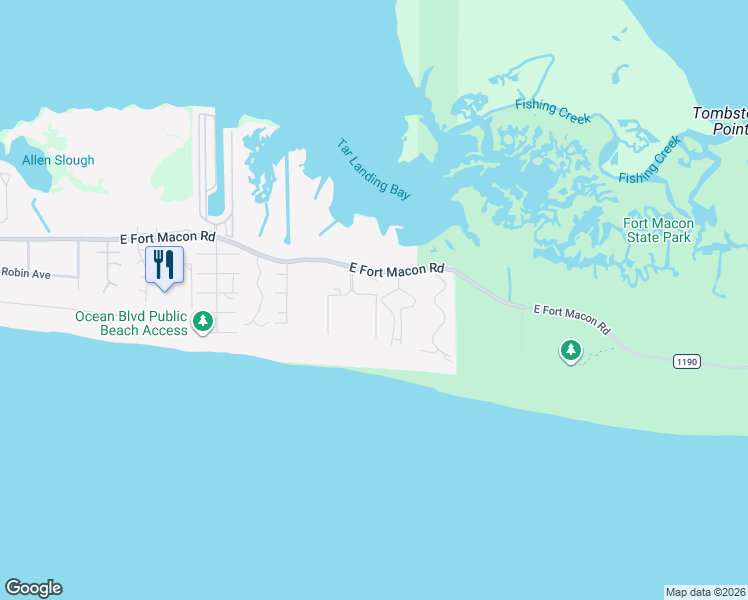 map of restaurants, bars, coffee shops, grocery stores, and more near 1904 East Fort Macon Road in Atlantic Beach