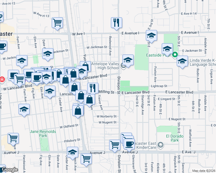 map of restaurants, bars, coffee shops, grocery stores, and more near 44817 Redwood Avenue in Lancaster