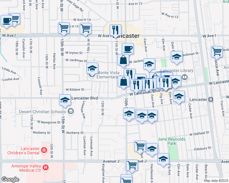 map of restaurants, bars, coffee shops, grocery stores, and more near 44827 11th Street West in Lancaster