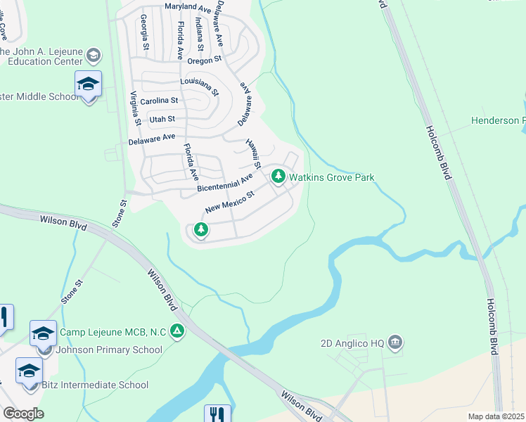 map of restaurants, bars, coffee shops, grocery stores, and more near 6802 Montana Street in Camp Lejeune