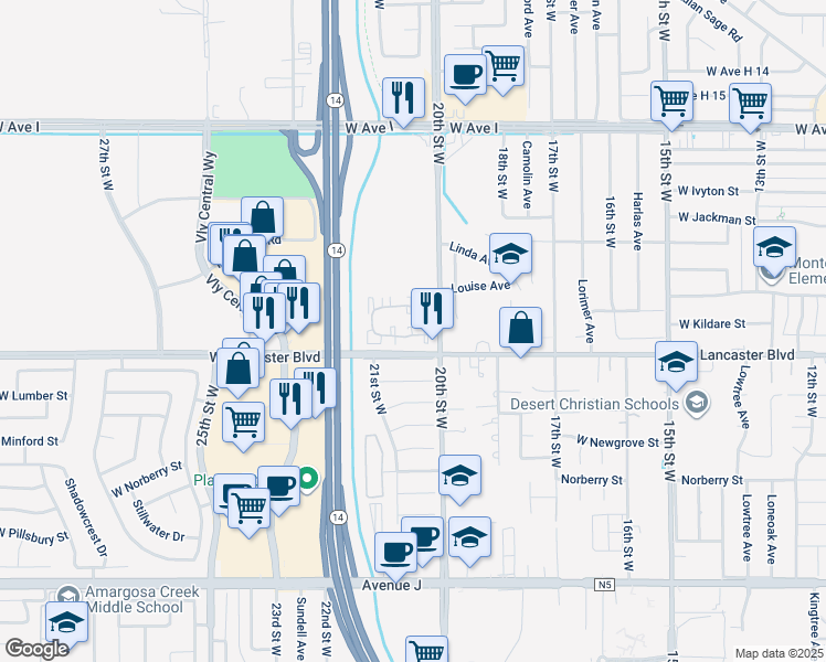 map of restaurants, bars, coffee shops, grocery stores, and more near 2060 Westwood Court in Lancaster