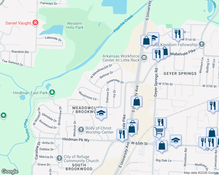 map of restaurants, bars, coffee shops, grocery stores, and more near 5 Delrose Drive in Little Rock