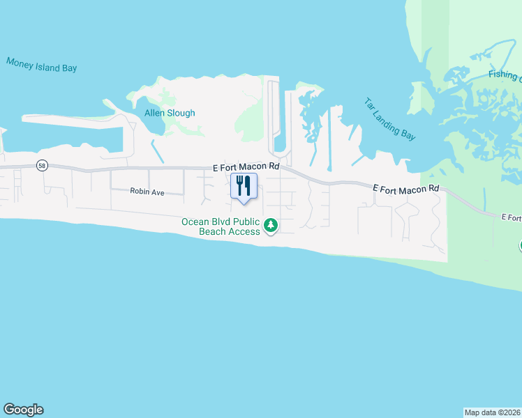 map of restaurants, bars, coffee shops, grocery stores, and more near 1400 East Fort Macon Road in Atlantic Beach