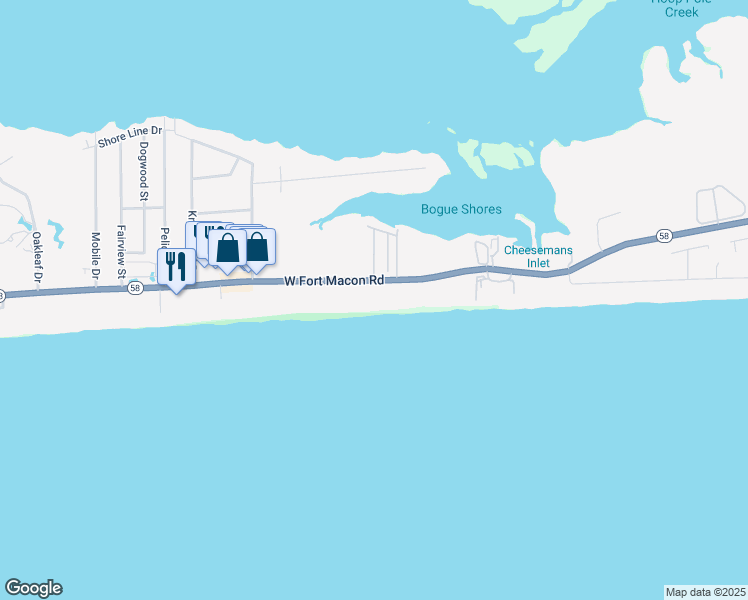 map of restaurants, bars, coffee shops, grocery stores, and more near 1701-2305 West Fort Macon Road in Atlantic Beach