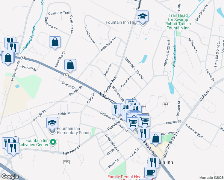 map of restaurants, bars, coffee shops, grocery stores, and more near 405 North Weston Street in Fountain Inn