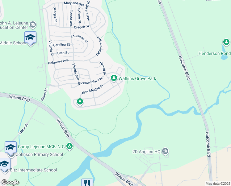 map of restaurants, bars, coffee shops, grocery stores, and more near 6857 Montana Street in Camp Lejeune