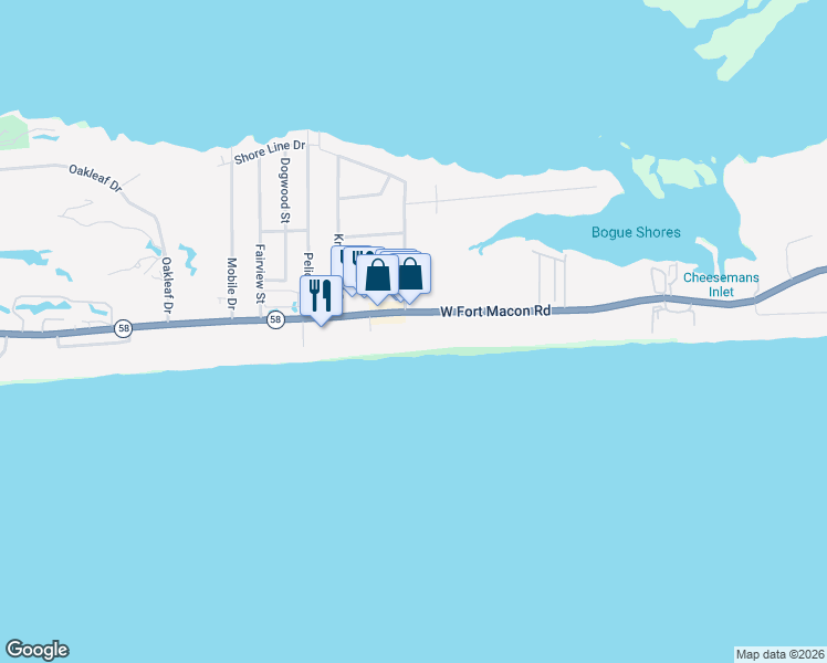 map of restaurants, bars, coffee shops, grocery stores, and more near 2500 West Fort Macon Road in Atlantic Beach