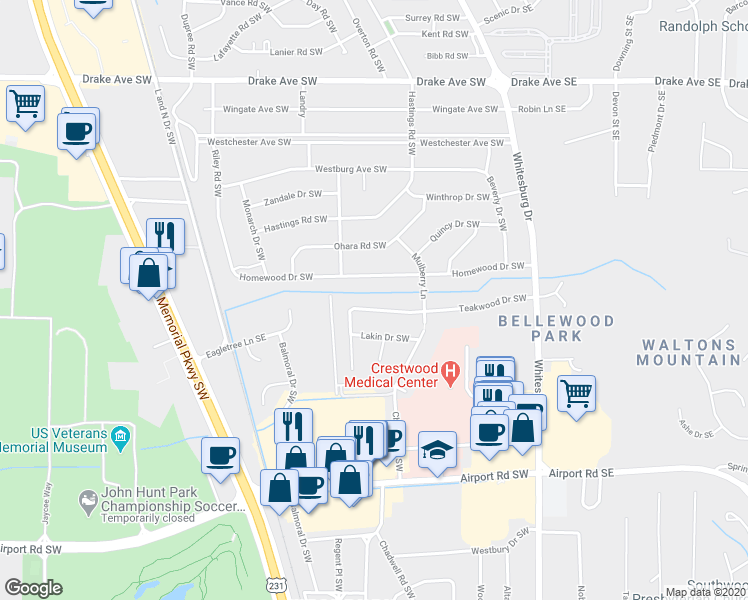 map of restaurants, bars, coffee shops, grocery stores, and more near 210 Teakwood Drive Southwest in Huntsville