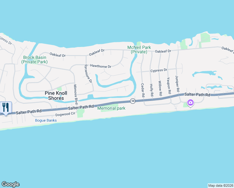 map of restaurants, bars, coffee shops, grocery stores, and more near 136 Beechwood Drive in Pine Knoll Shores