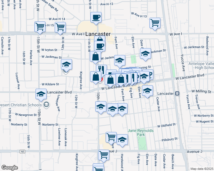 map of restaurants, bars, coffee shops, grocery stores, and more near 44820 10th Street West in Lancaster
