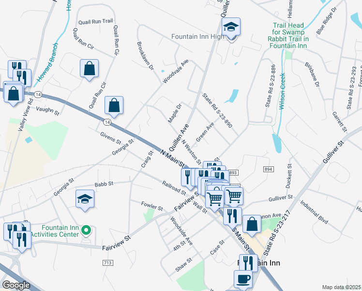 map of restaurants, bars, coffee shops, grocery stores, and more near 405 North Weston Street in Fountain Inn