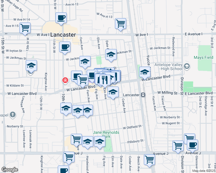 map of restaurants, bars, coffee shops, grocery stores, and more near 656 West Lancaster Boulevard in Lancaster