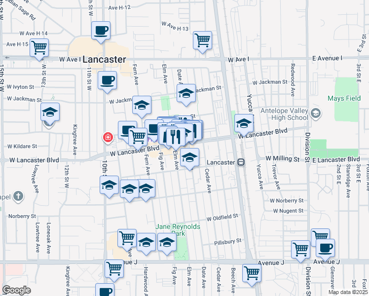 map of restaurants, bars, coffee shops, grocery stores, and more near 659 West Lancaster Boulevard in Lancaster