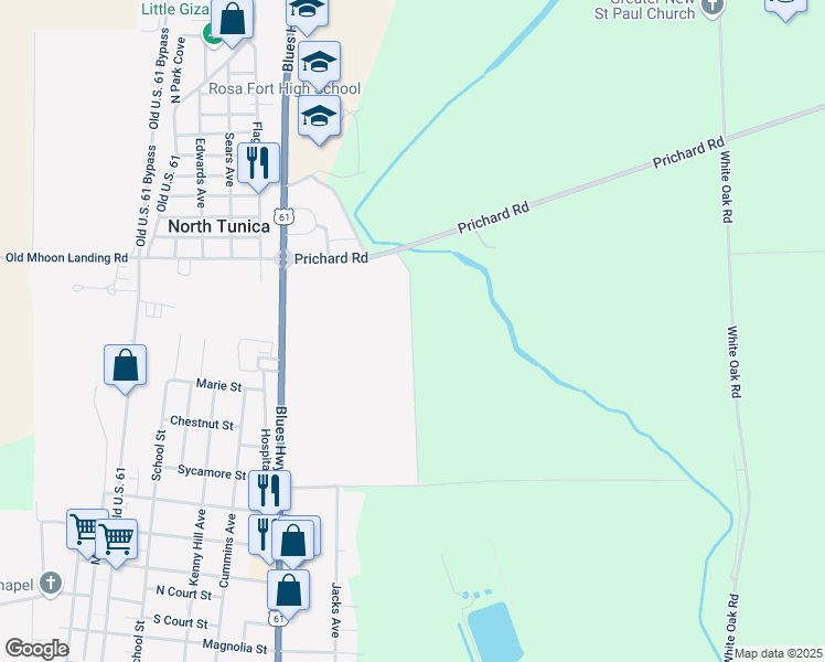 map of restaurants, bars, coffee shops, grocery stores, and more near Burchfield Street in Tunica County