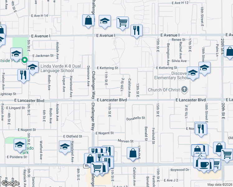 map of restaurants, bars, coffee shops, grocery stores, and more near 44834 11th Street East in Lancaster