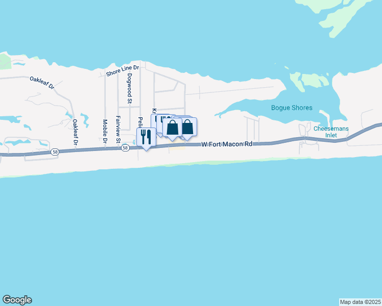 map of restaurants, bars, coffee shops, grocery stores, and more near 2503 West Fort Macon Road in Atlantic Beach