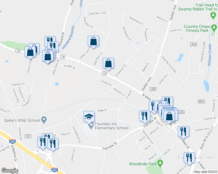 map of restaurants, bars, coffee shops, grocery stores, and more near 107A Givens Street in Fountain Inn