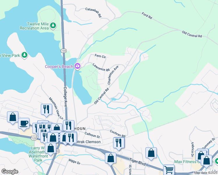 map of restaurants, bars, coffee shops, grocery stores, and more near 201 Charleston Avenue in Clemson