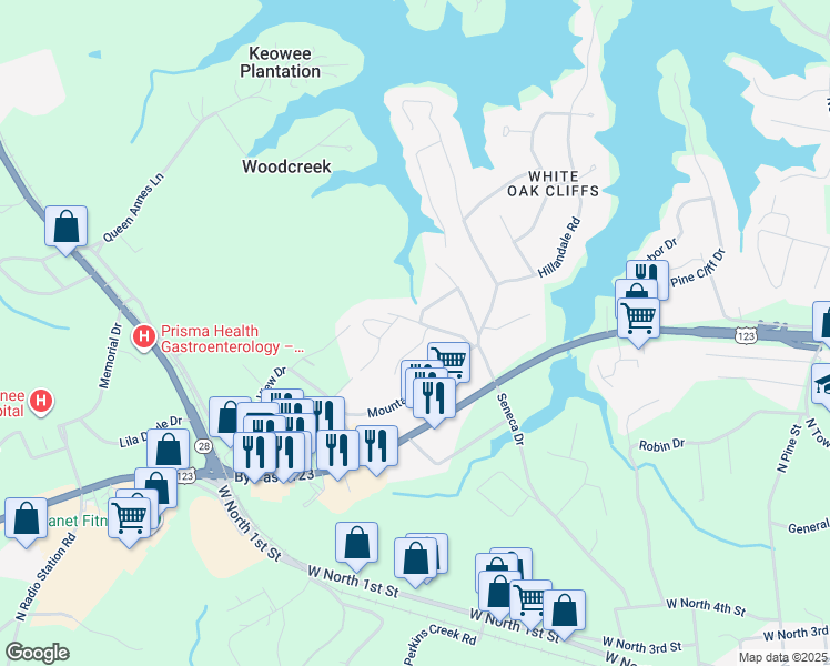 map of restaurants, bars, coffee shops, grocery stores, and more near 100 Victorian Lane in Seneca