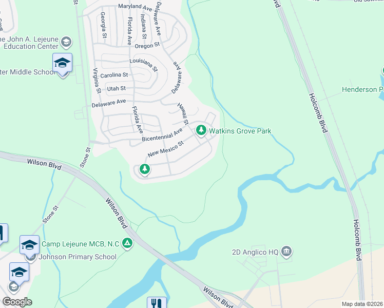map of restaurants, bars, coffee shops, grocery stores, and more near 6804 Montana Street in Camp Lejeune