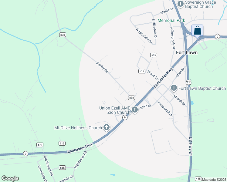 map of restaurants, bars, coffee shops, grocery stores, and more near 5621 Shirley Road in Fort Lawn